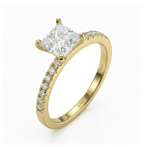 Celestia - Anillo de moissanita talla princesa con piedras laterales en pavé