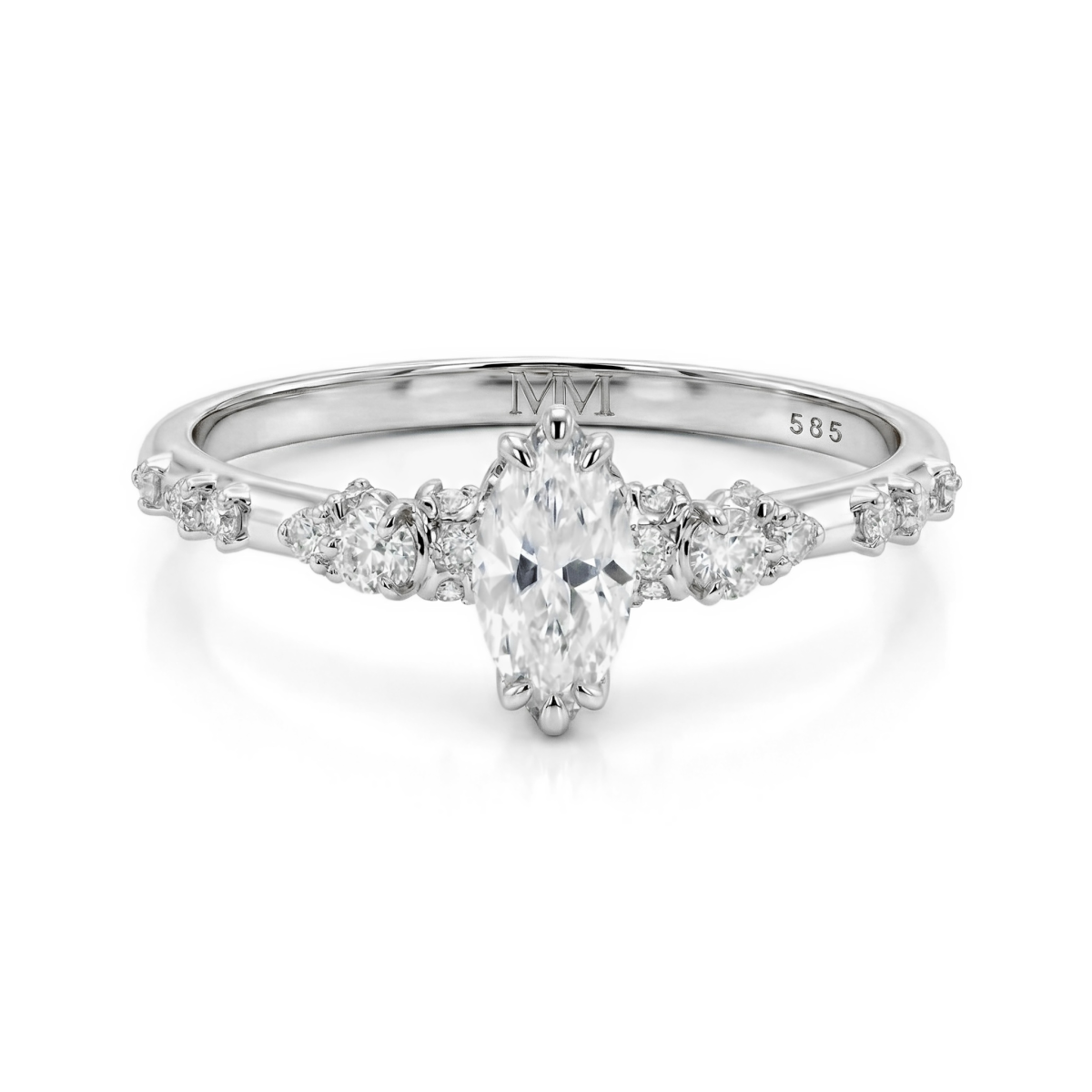 Elegante - Anillo de moissanita de talla marquesa con piedras laterales minimalistas de inspiración vintage