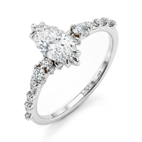 Elegante - Anillo de moissanita de talla marquesa con piedras laterales minimalistas de inspiración vintage