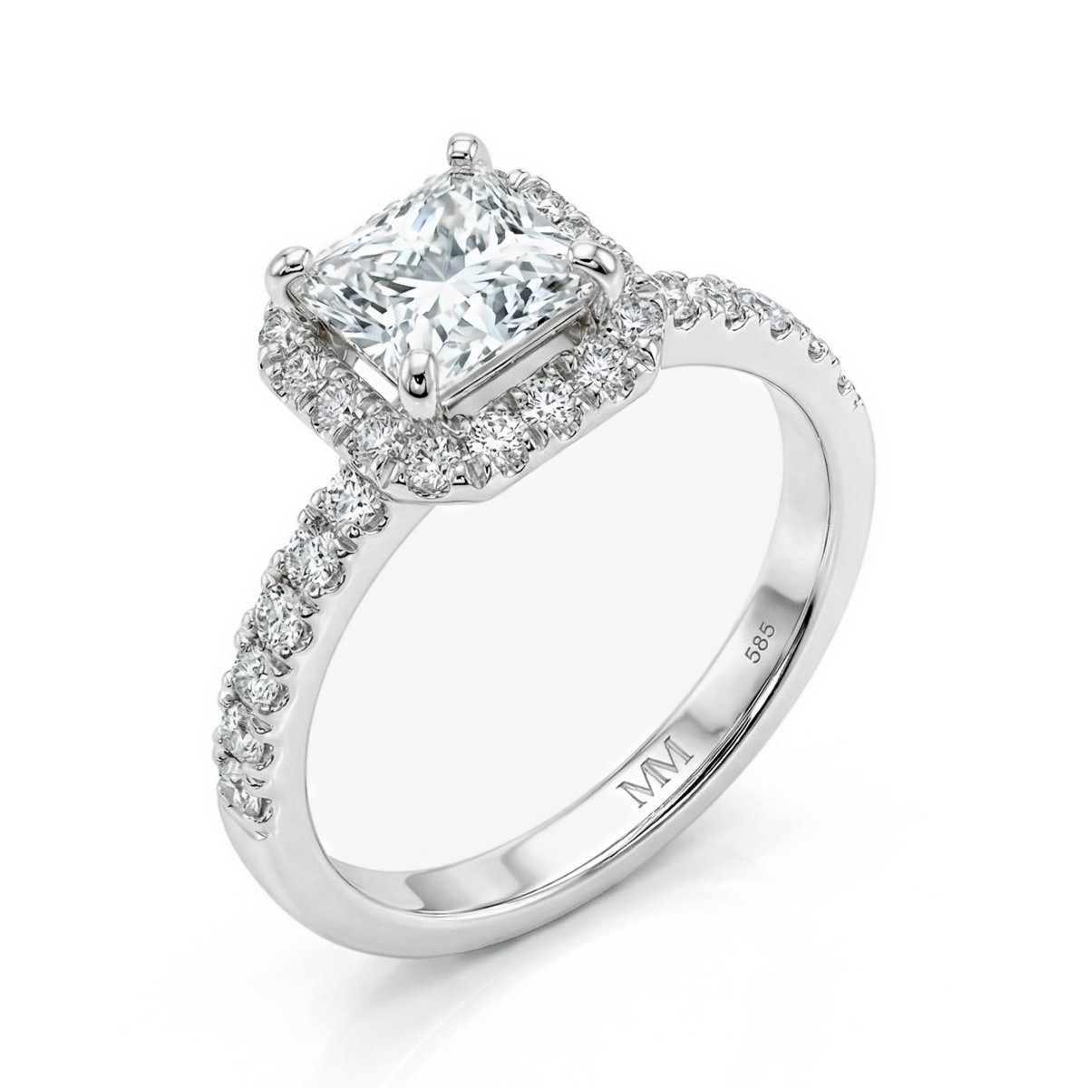 Regalia - Anillo de moissanita de talla princesa con halo y aro con pavé