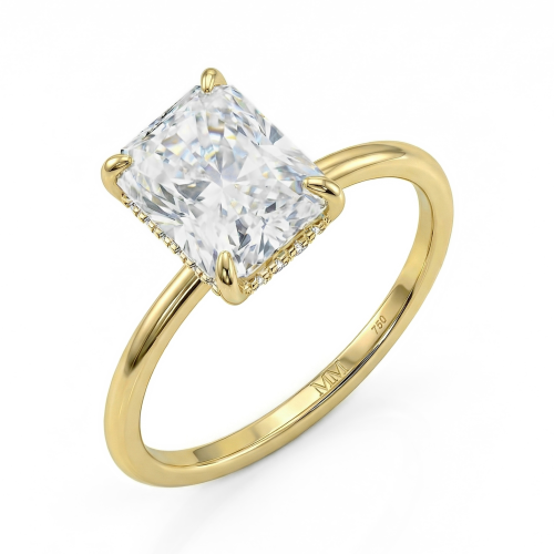 Mirabelle - Anillo solitario de moissanita de talla radiant con engaste en cesta y halo oculto
