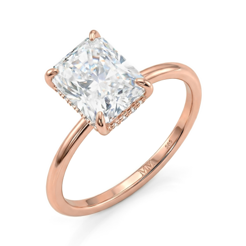 Mirabelle - Anillo solitario de moissanita de talla radiante con engaste de cesta y halo oculto