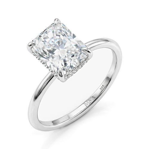 Mirabelle - Anillo solitario de moissanita de talla radiant con engaste en cesta y halo oculto