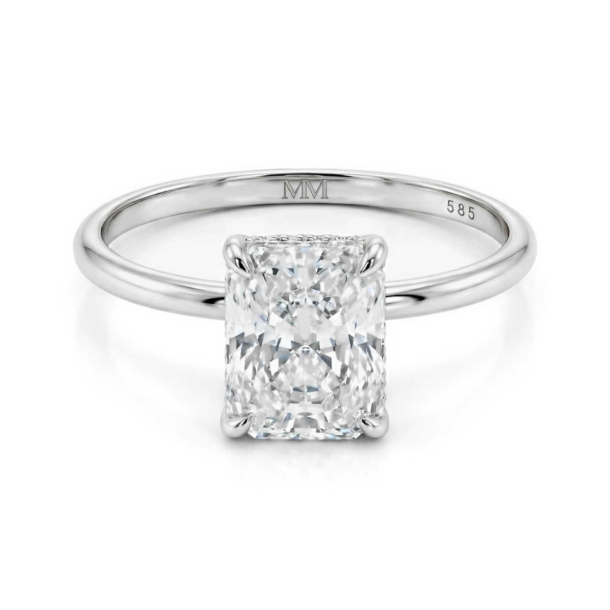 Mirabelle - Anillo solitario de moissanita de talla radiant con engaste en cesta y halo oculto