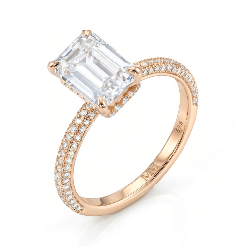 Veridian - Anillo de moissanita talla esmeralda con engaste pavé en el aro