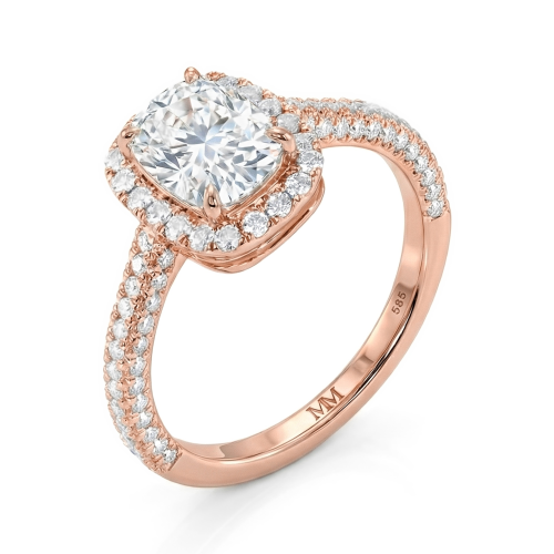 Plushette - Anillo de compromiso de moissanita de talla cojín alargada con halo y brazo en micropavé
