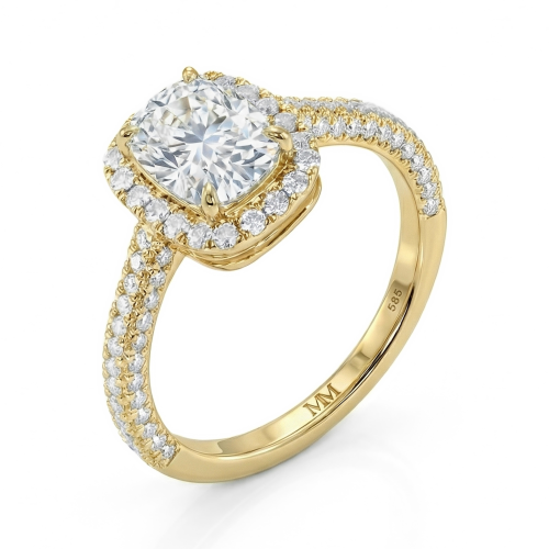 Plushette - Anillo de compromiso de moissanita de talla cojín alargada con halo y brazo en micropavé