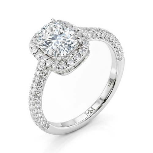 Plushette - Anillo de compromiso de moissanita de talla cojín alargada con halo y brazo en micropavé