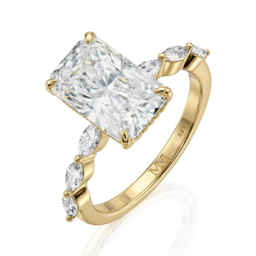 Luminaire - Anillo de Moissanita de Talla Radiante con Piedras Laterales de Talla Marquesa y Halo Oculto