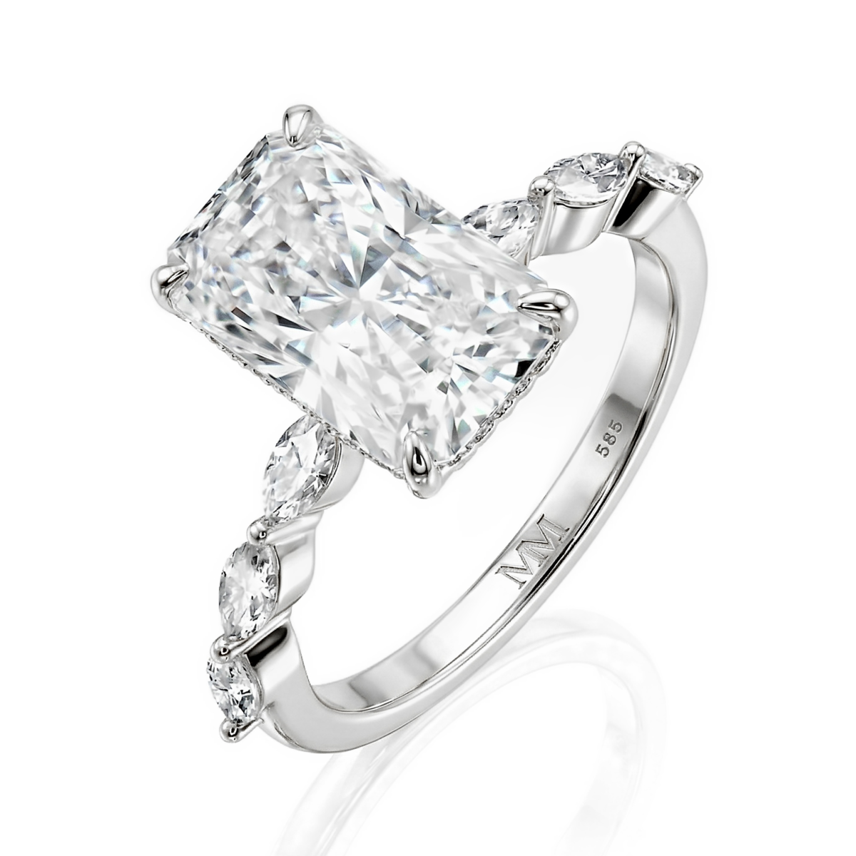 Luminaire - Anillo de moissanita de talla radiant con piedras laterales de talla marquesa y halo oculto