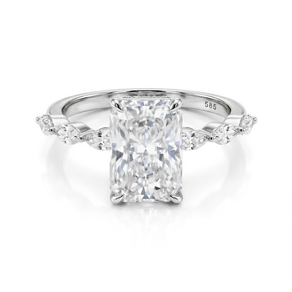 Luminaire - Anillo de moissanita de talla radiant con piedras laterales de talla marquesa y halo oculto