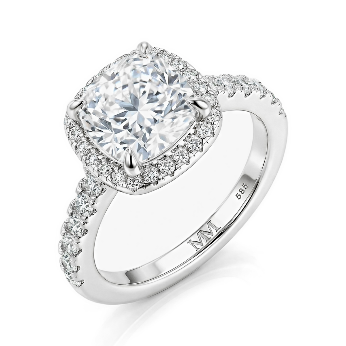 Candesce - Anillo de compromiso de moissanita de talla cojín con halo y aro con detalles