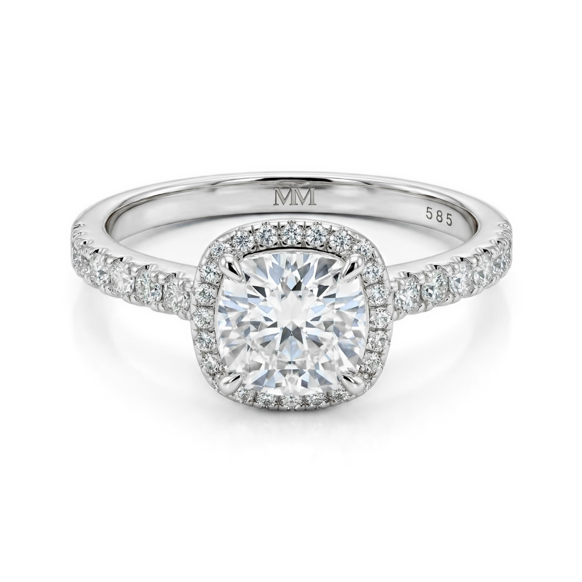 Candesce - Anillo de compromiso de moissanita de talla cojín con halo y aro con detalles