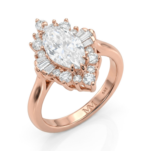 Crownique - Anillo de compromiso de moissanita de talla marquesa con halo y detalles de talla baguette