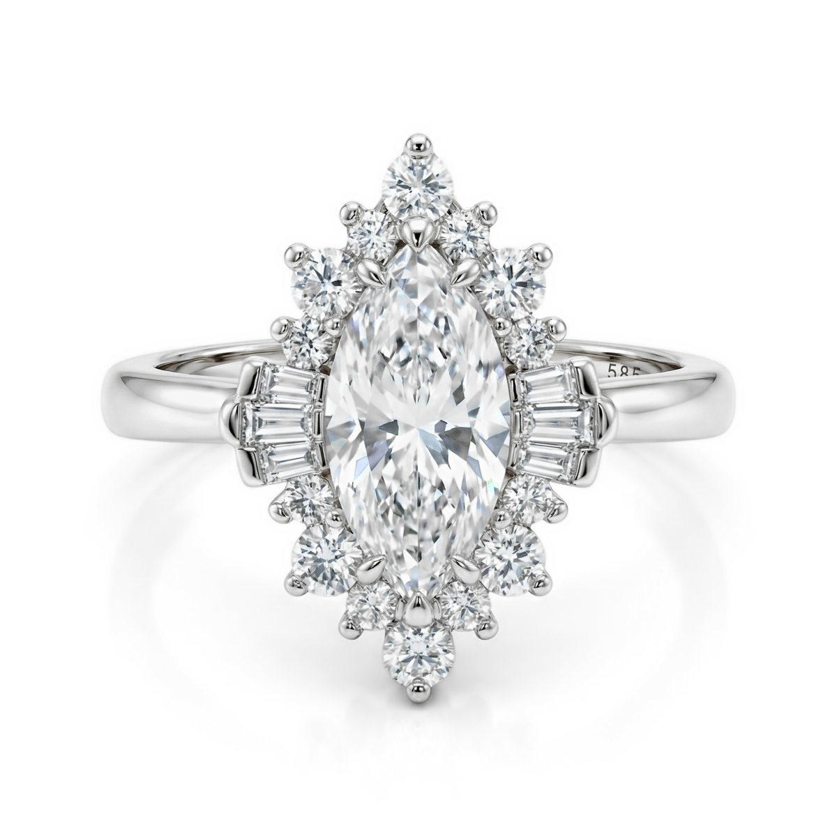 Crownique - Anillo de compromiso con moissanita de talla marquesa, halo y detalles de talla baguette