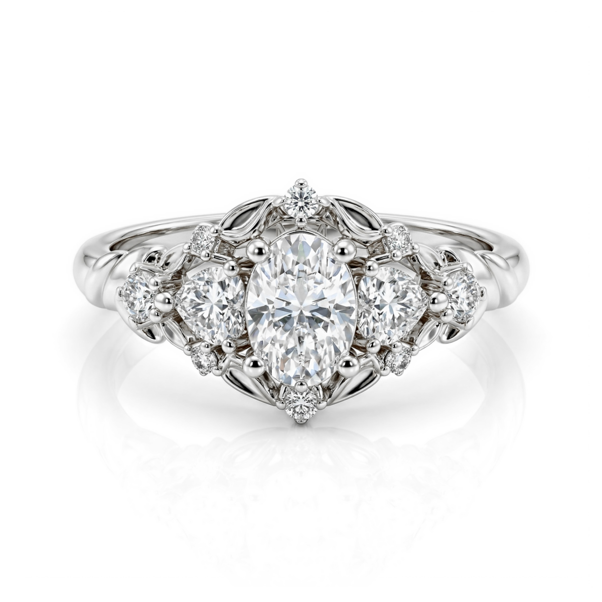 Gardenia - Anillo de compromiso de moissanita oval con detalles en forma de corazón y redondos