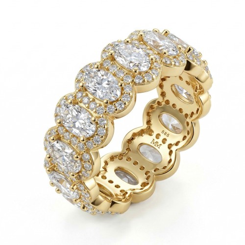 Opaline - Anillo de Eternidad con Moissanita de Talla Oval y Halo Pavé Festoneado