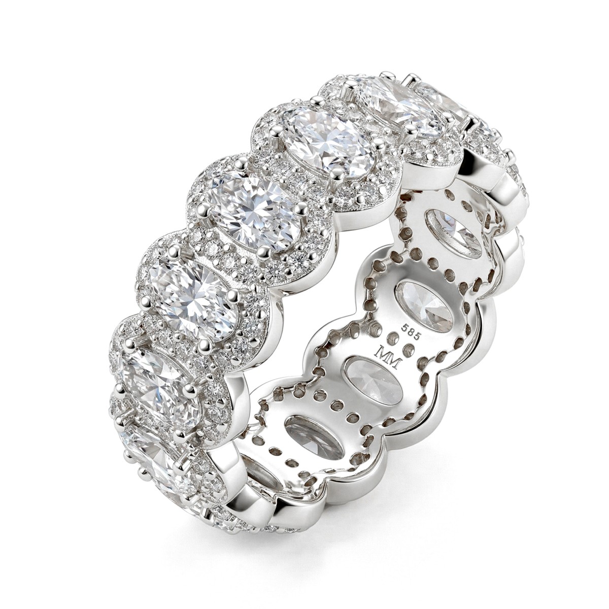 Opaline - Anillo eternity de moissanita de talla oval con halo festoneado en pavé