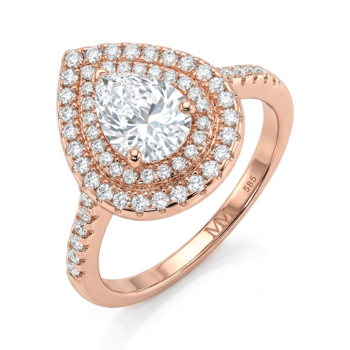 Athena - Anillo de compromiso de moissanita talla pera con doble halo y brazo en pavé