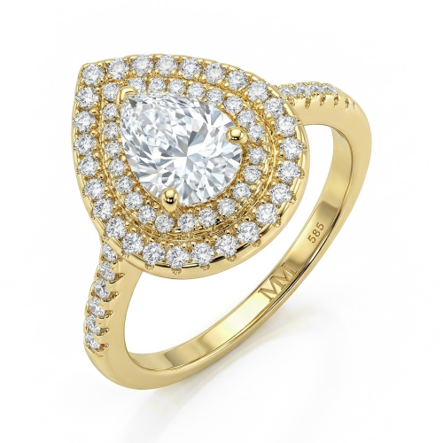 Athena - Anillo de compromiso de moissanita talla pera con doble halo y brazo en pavé