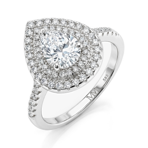 Athena - Anillo de compromiso de moissanita talla pera con doble halo y brazo en pavé