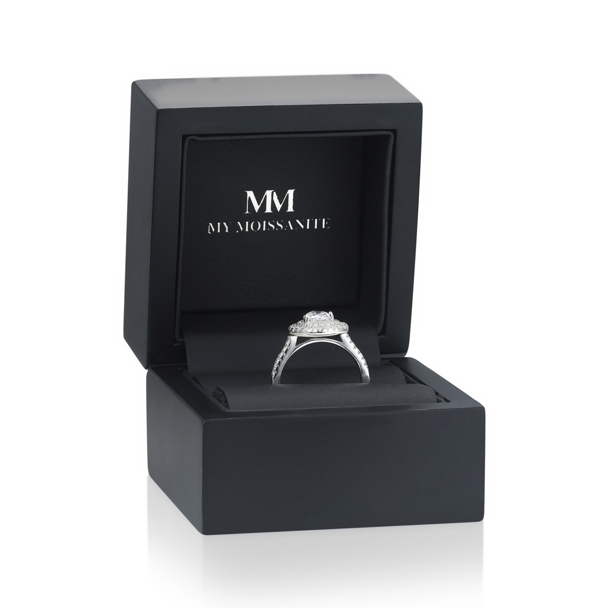 Athena - Anillo de compromiso de moissanita talla pera con doble halo y brazo en pavé