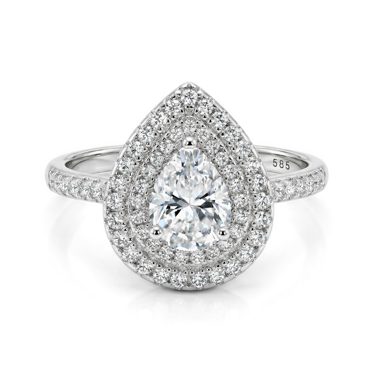 Athena - Anillo de compromiso de moissanita talla pera con doble halo y brazo en pavé