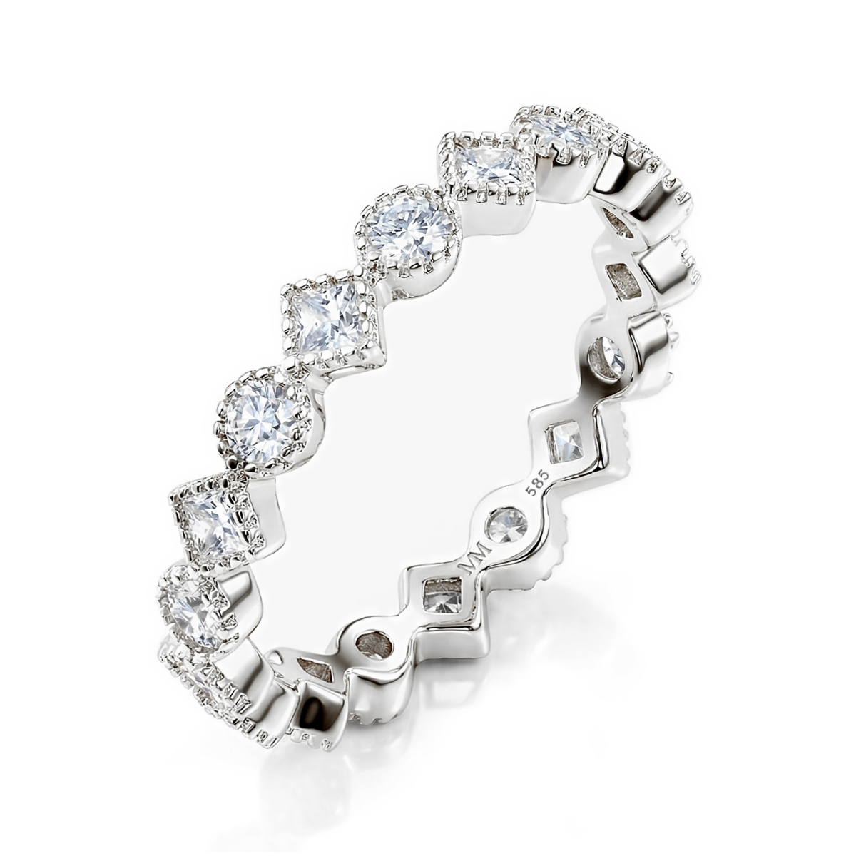 Verona - Anillo eternity de moissanitas cuadradas y redondas con detalles de milgrain