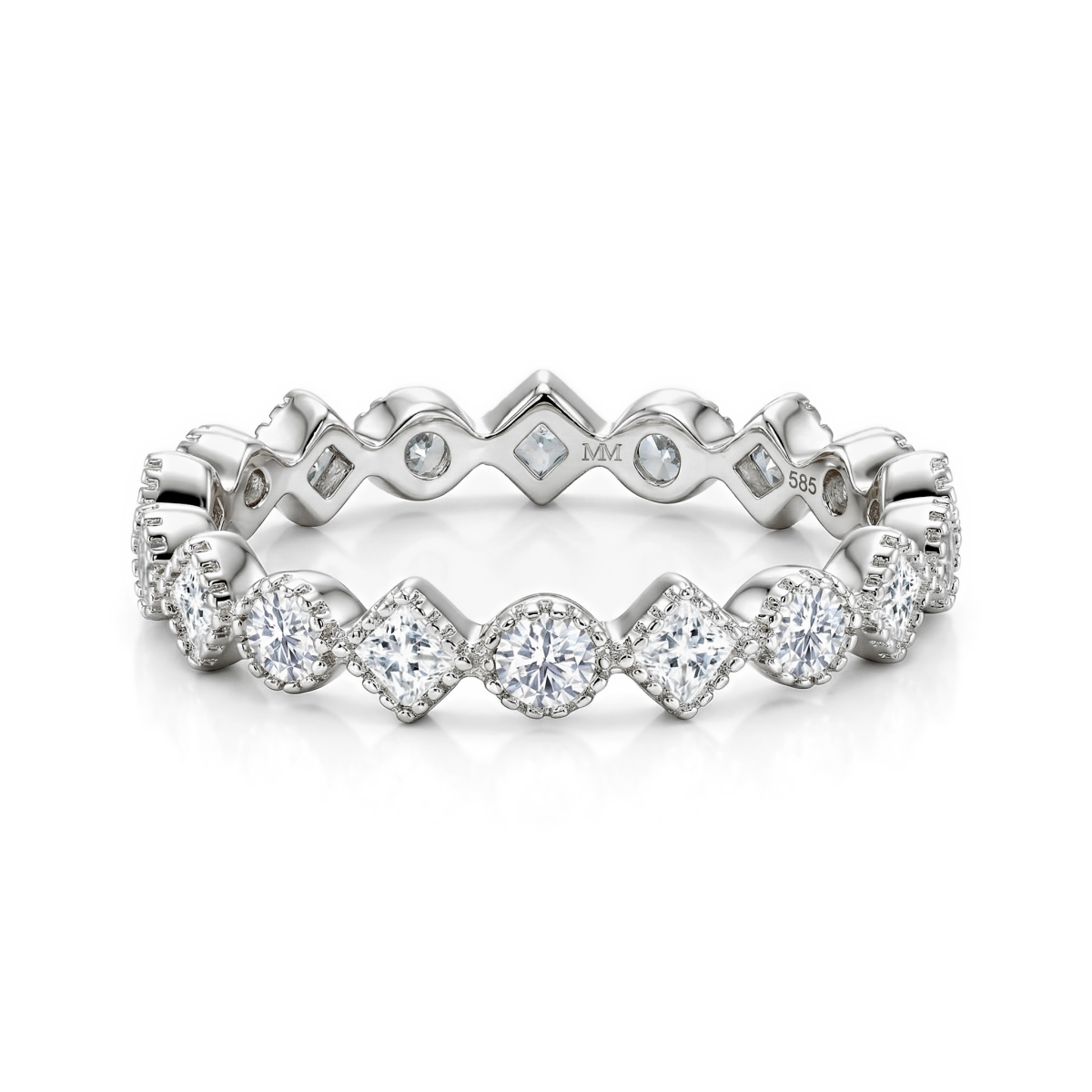 Verona - Anillo eternity de moissanitas cuadradas y redondas con detalles de milgrain