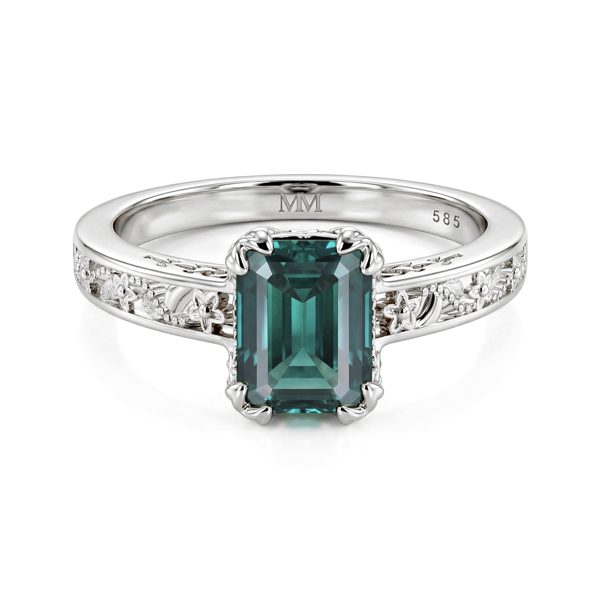 Verdisia - Anillo de compromiso de estilo vintage con diseño floral y moissanita verde de talla esmeralda