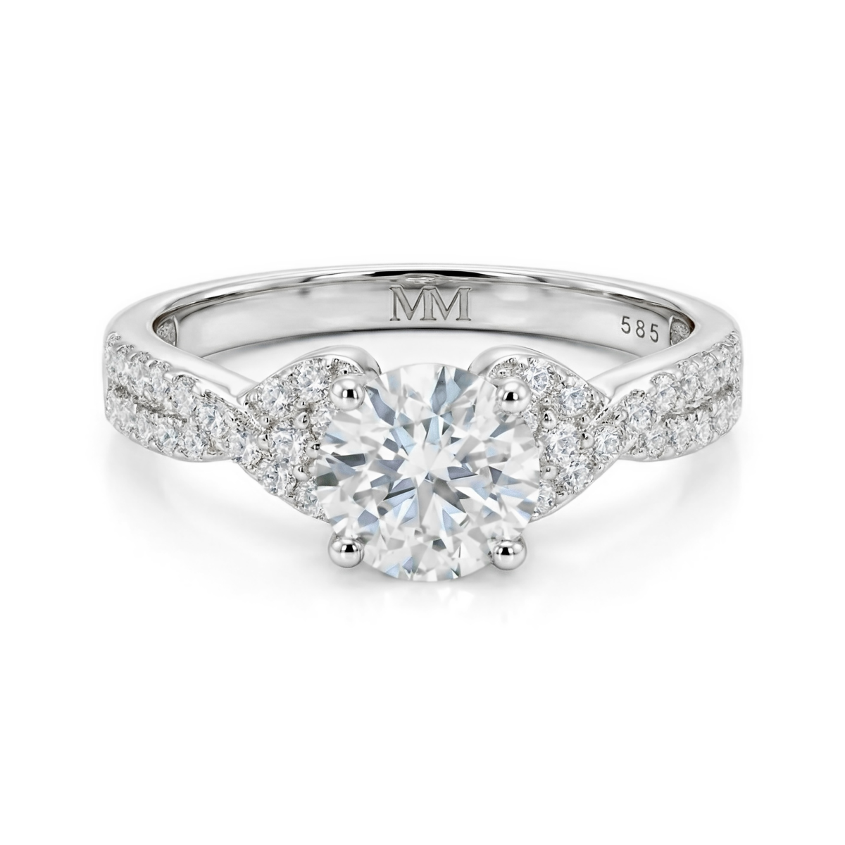 Mirari - Anillo de compromiso de moissanita con doble brazo entrelazado y detalles engastados en pavé