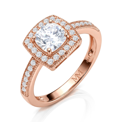 Sanctum - Anillo de compromiso de moissanita de talla cojín con halo vintage y aro con pavé