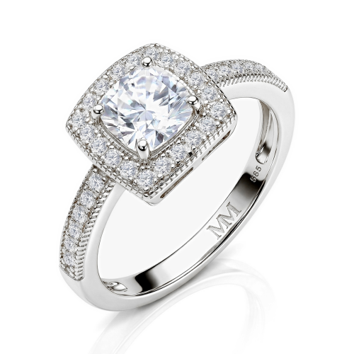 Sanctum - Anillo de compromiso de moissanita de talla cojín con halo vintage y aro con pavé