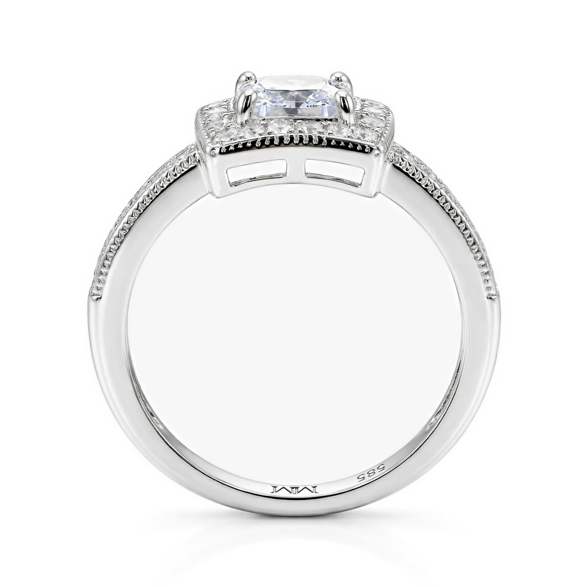 Sanctum - Anillo de compromiso de moissanita de talla cojín con halo vintage y aro con pavé
