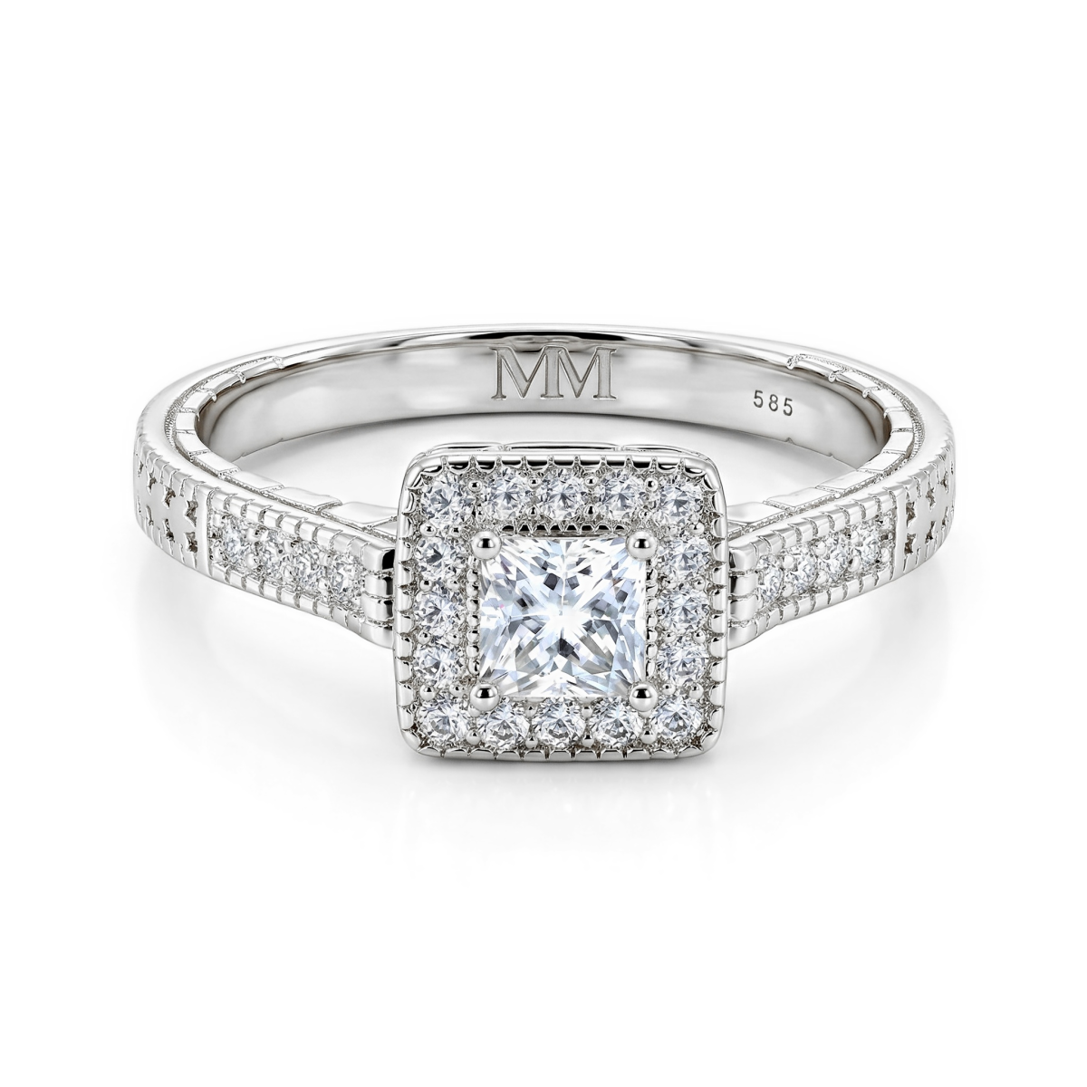 Paragone - Anillo de compromiso de moissanita de talla princesa con halo y aro texturizado
