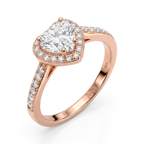 Amoria - Anillo de compromiso de moissanita talla corazón con halo y piedras laterales en engaste pavé