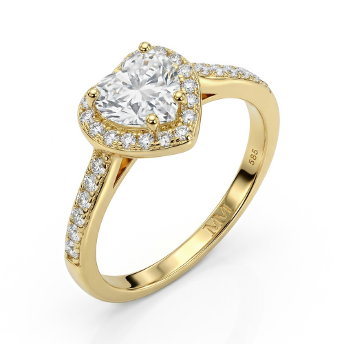 Amoria - Anillo de compromiso de moissanita talla corazón con halo y piedras laterales en engaste pavé