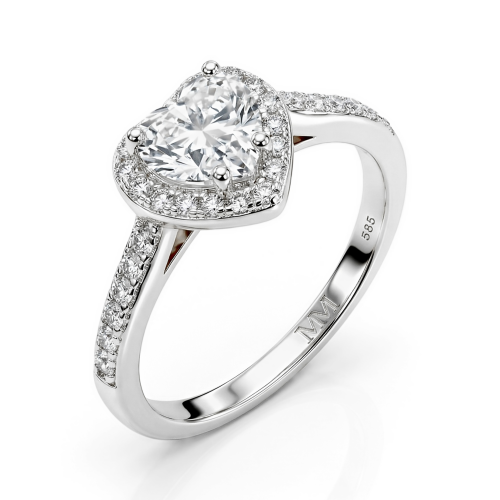 Amoria - Anillo de compromiso de moissanita talla corazón con halo y piedras laterales en engaste pavé