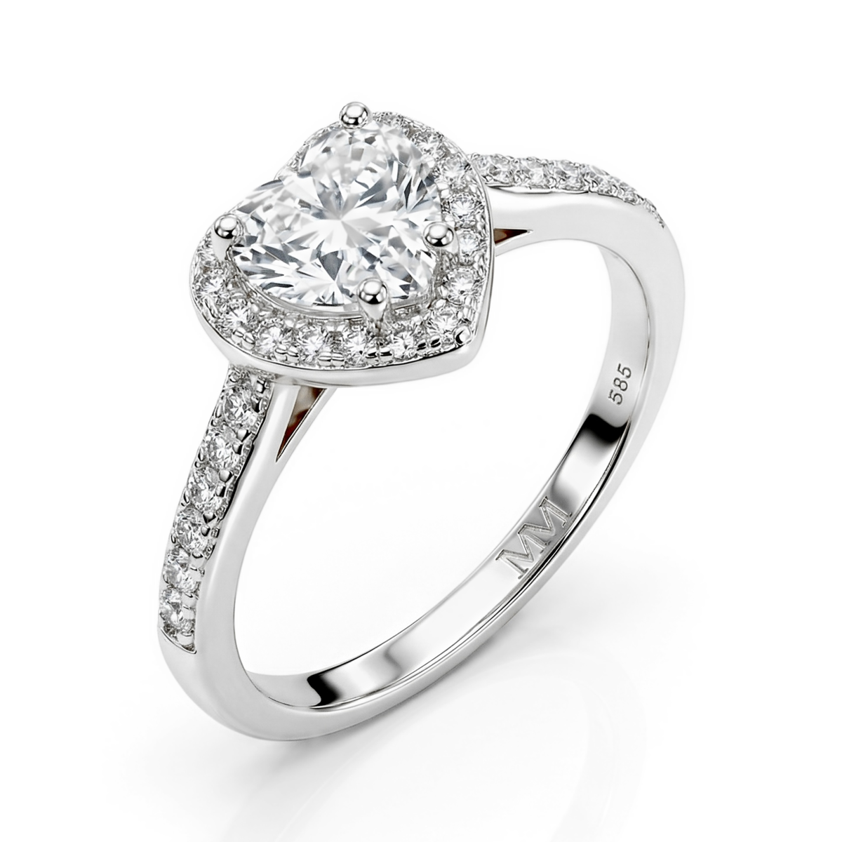 Amoria - Anillo de compromiso de moissanita talla corazón con halo y piedras laterales en engaste pavé