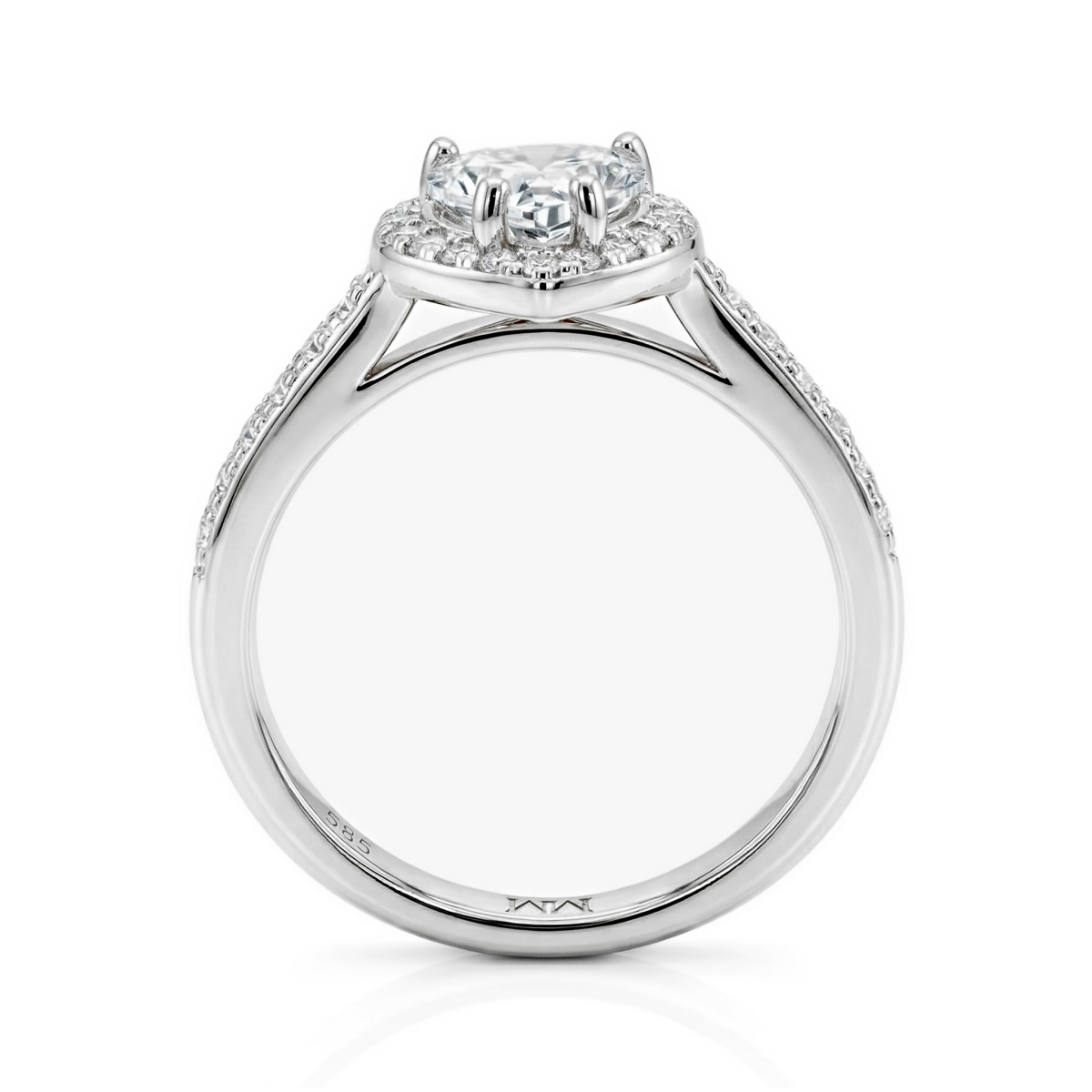 Amoria - Anillo de compromiso de moissanita talla corazón con halo y piedras laterales en engaste pavé