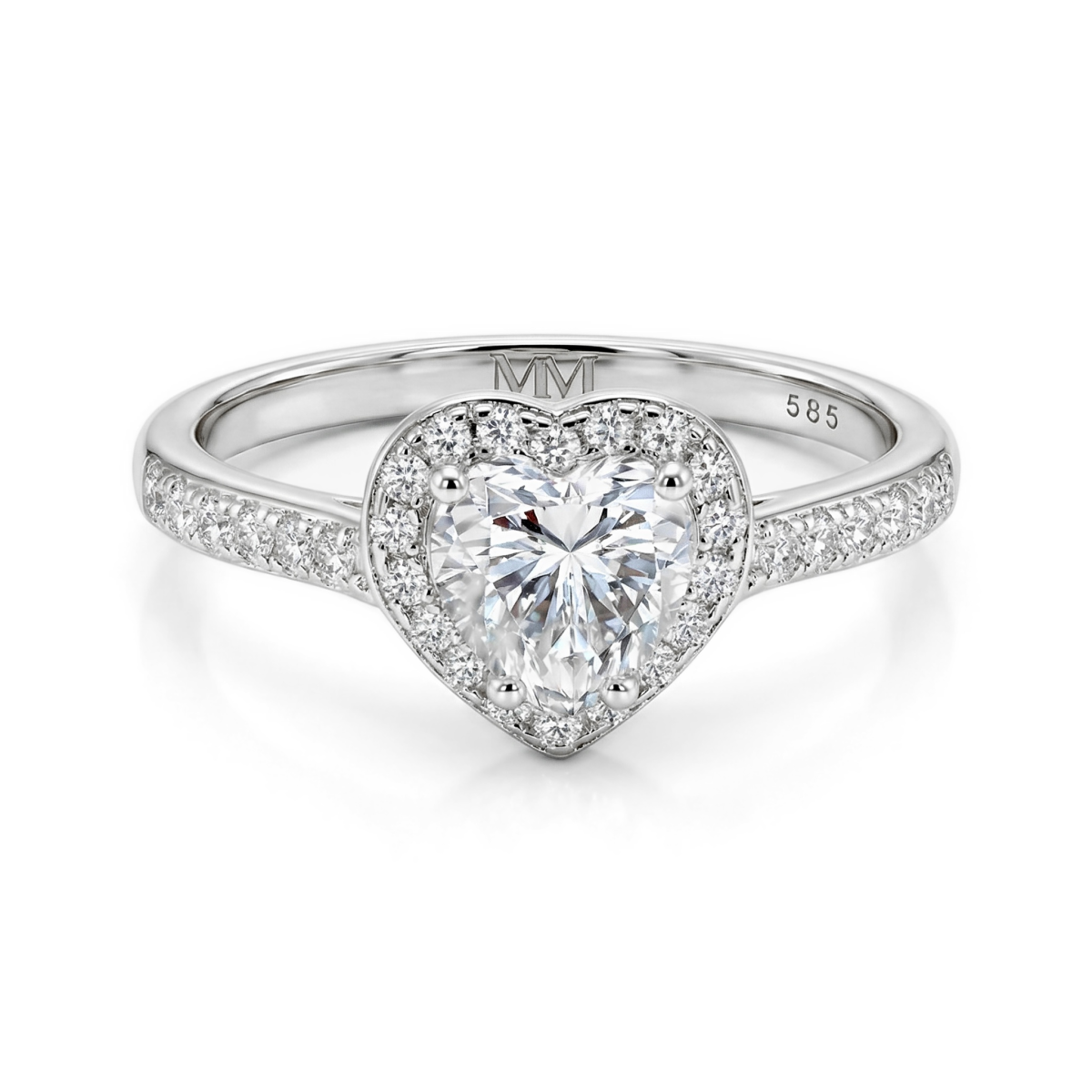 Amoria - Anillo de compromiso de moissanita talla corazón con halo y piedras laterales en engaste pavé