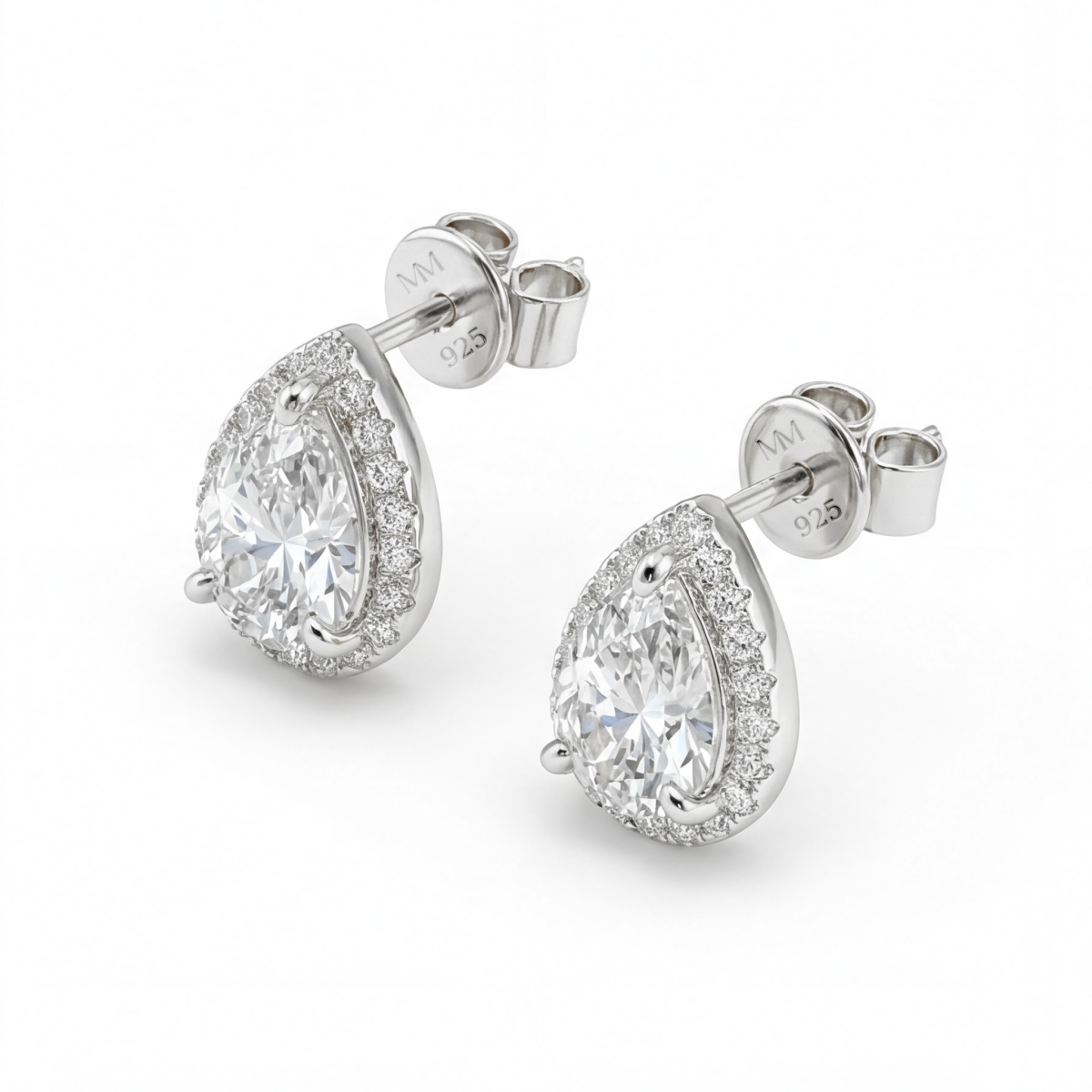 Halo Pears - Pendientes de botón de moissanita talla pera con engaste con halo