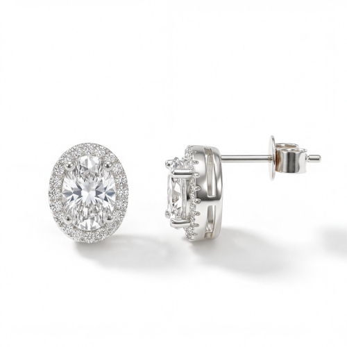 Ellipse - Pendientes de botón de moissanita de talla oval en engaste con halo