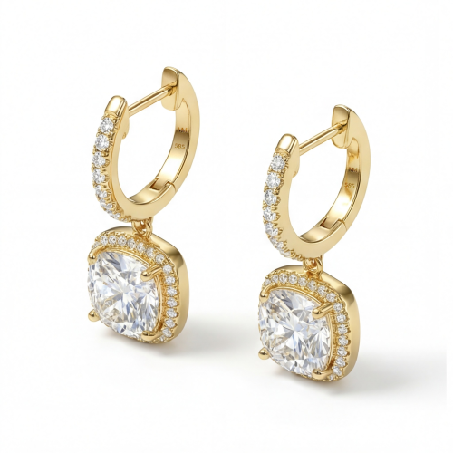 Cushion Drops - Pendientes colgantes de moissanita con halo y aros ajustados al lóbulo