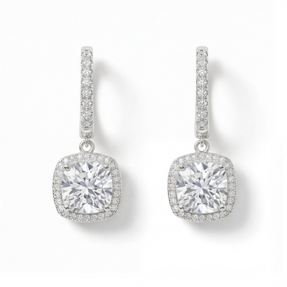 Cushion Drops - Pendientes colgantes de moissanita con halo y aros ajustados al lóbulo
