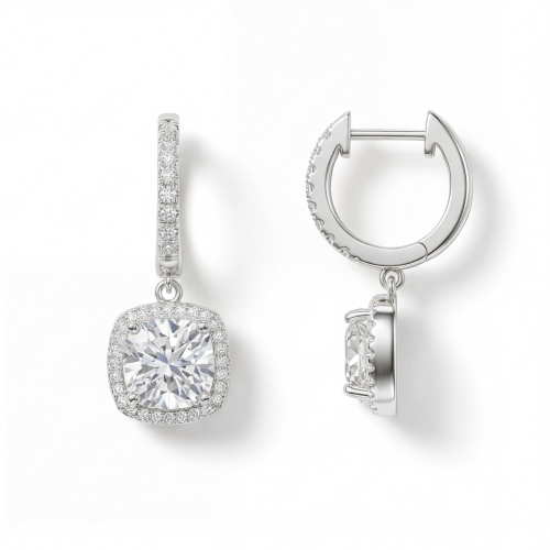 Cushion Drops - Pendientes colgantes de moissanita con halo y aros ajustados al lóbulo