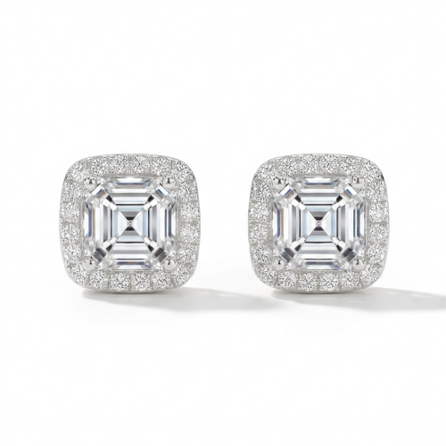 Tetrona - Pendientes de botón de moissanita de talla Asscher con engaste de halo