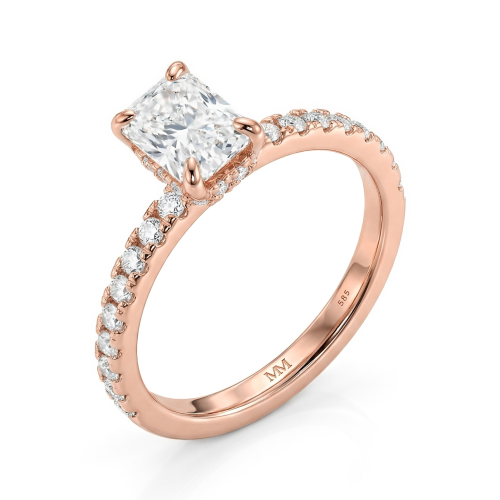 Astra - Anillo de moissanita de talla radiante con piedras laterales en pavé y halo oculto