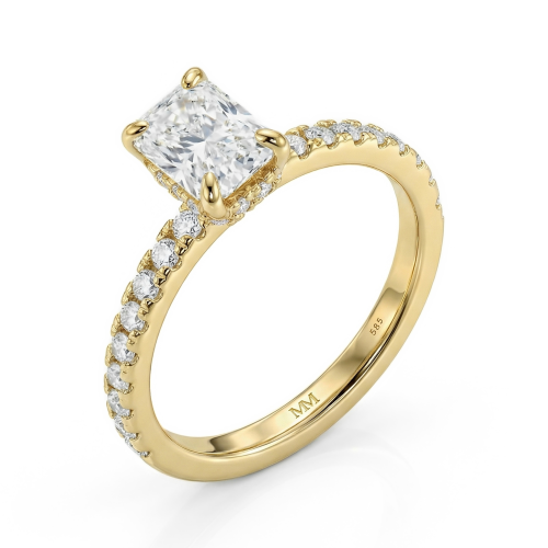 Astra - Anillo de Moissanita de Talla Radiante con Piedras Laterales en Pavé y Halo Oculto
