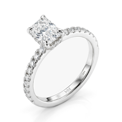 Astra - Anillo de moissanita de talla radiante con piedras laterales en pavé y halo oculto